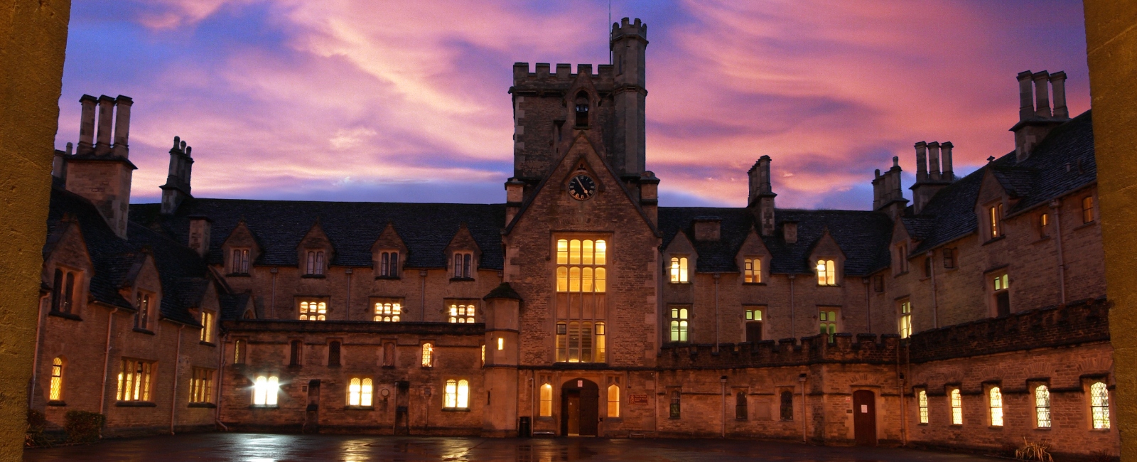 RAU main building and quad at sunset