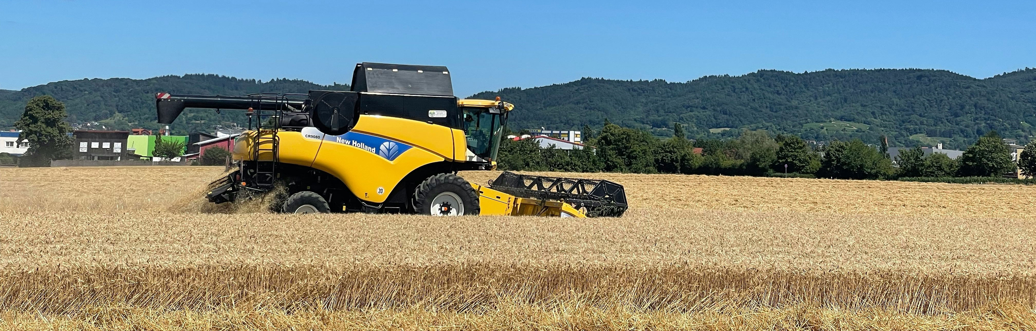 solar powered combine harvester in field of wheat
