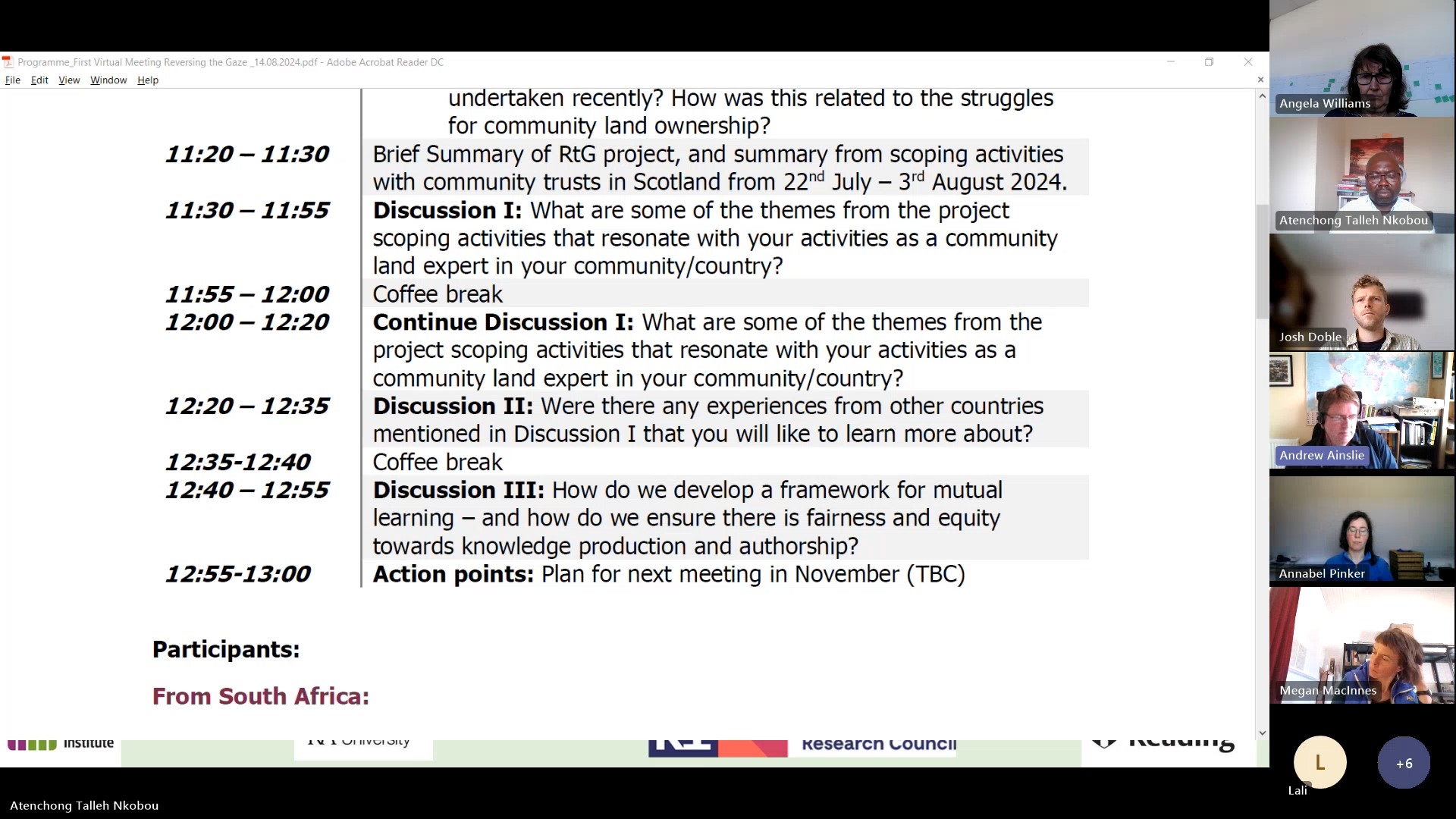 Virtual meeting with activists screenshot of agenda