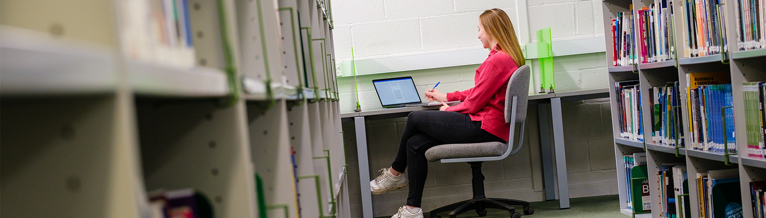 Student studying at a desk with a laptop