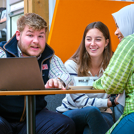 Three students sat in a cafe looking at a laptop