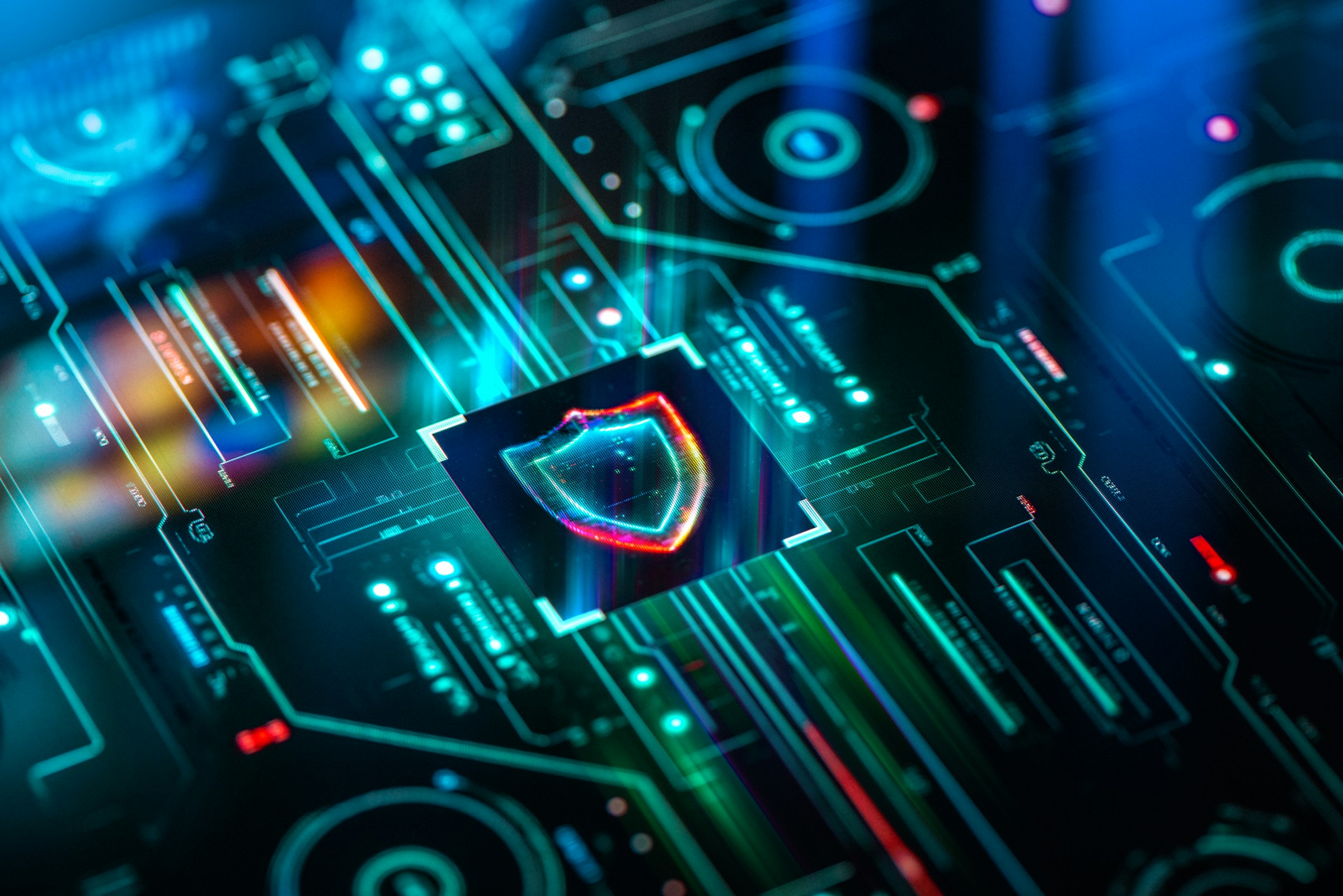 Digital screen with cyber security emblems