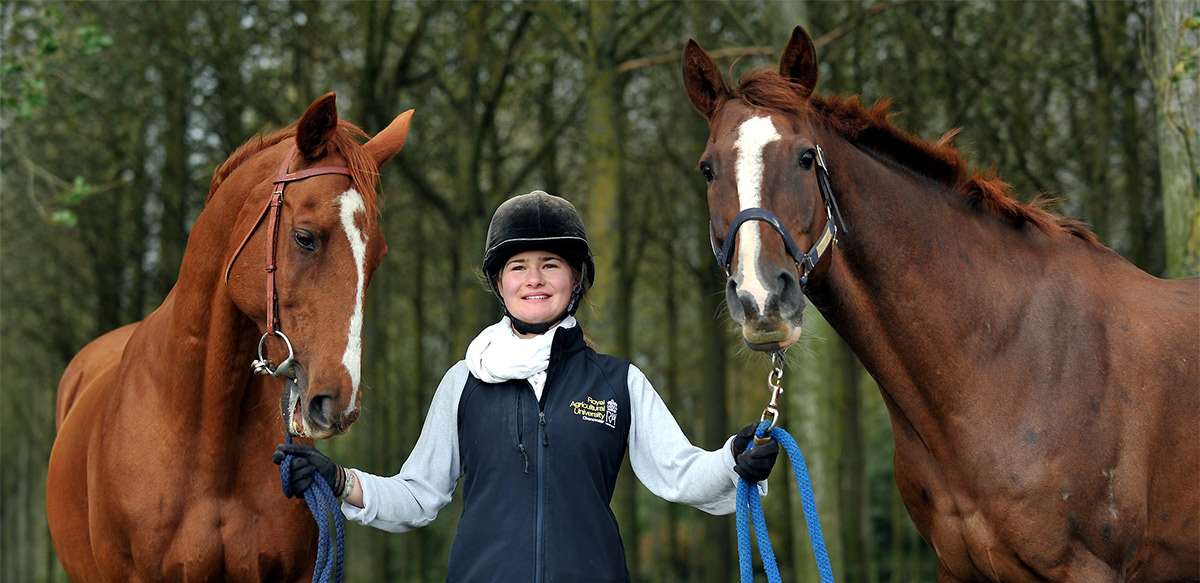 student holding two horses