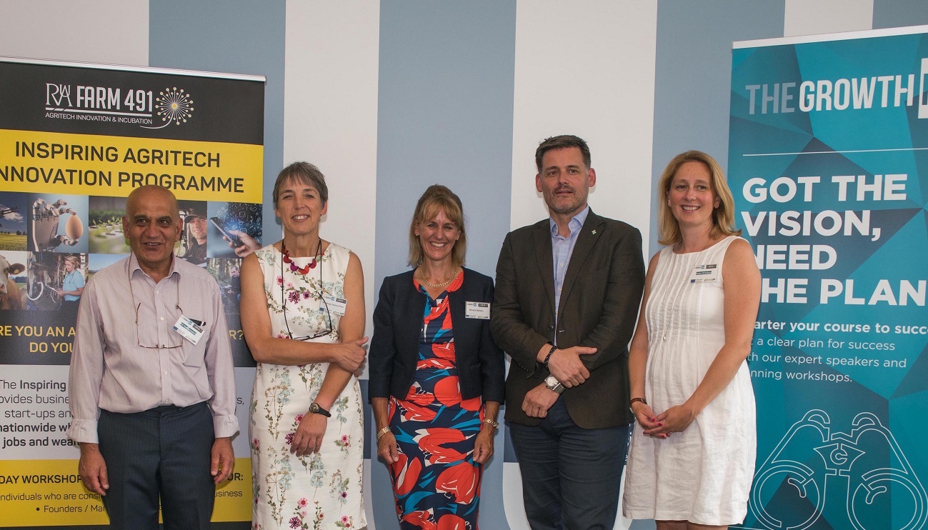 Ali Hadavizadeh (Farm491 Programme Manager), Professor Joanna Price (Vice-Chancellor of the RAU), Minette Batters (NFU President), David Owen (CEO of GFirst LEP) and Yesim Nicholson (Growth Hub Manager)