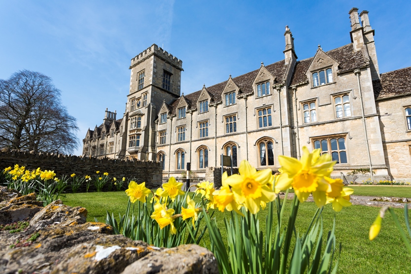 Front of the uni - with daffodils