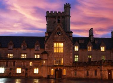 RAU main building and quad at sunset