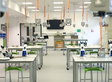 Laboratory space with tables and power plugs