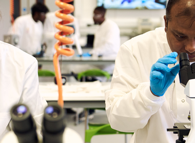 Two people in a science laboratory using scientific equipment