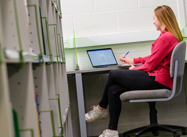 Student studying at a desk with a laptop